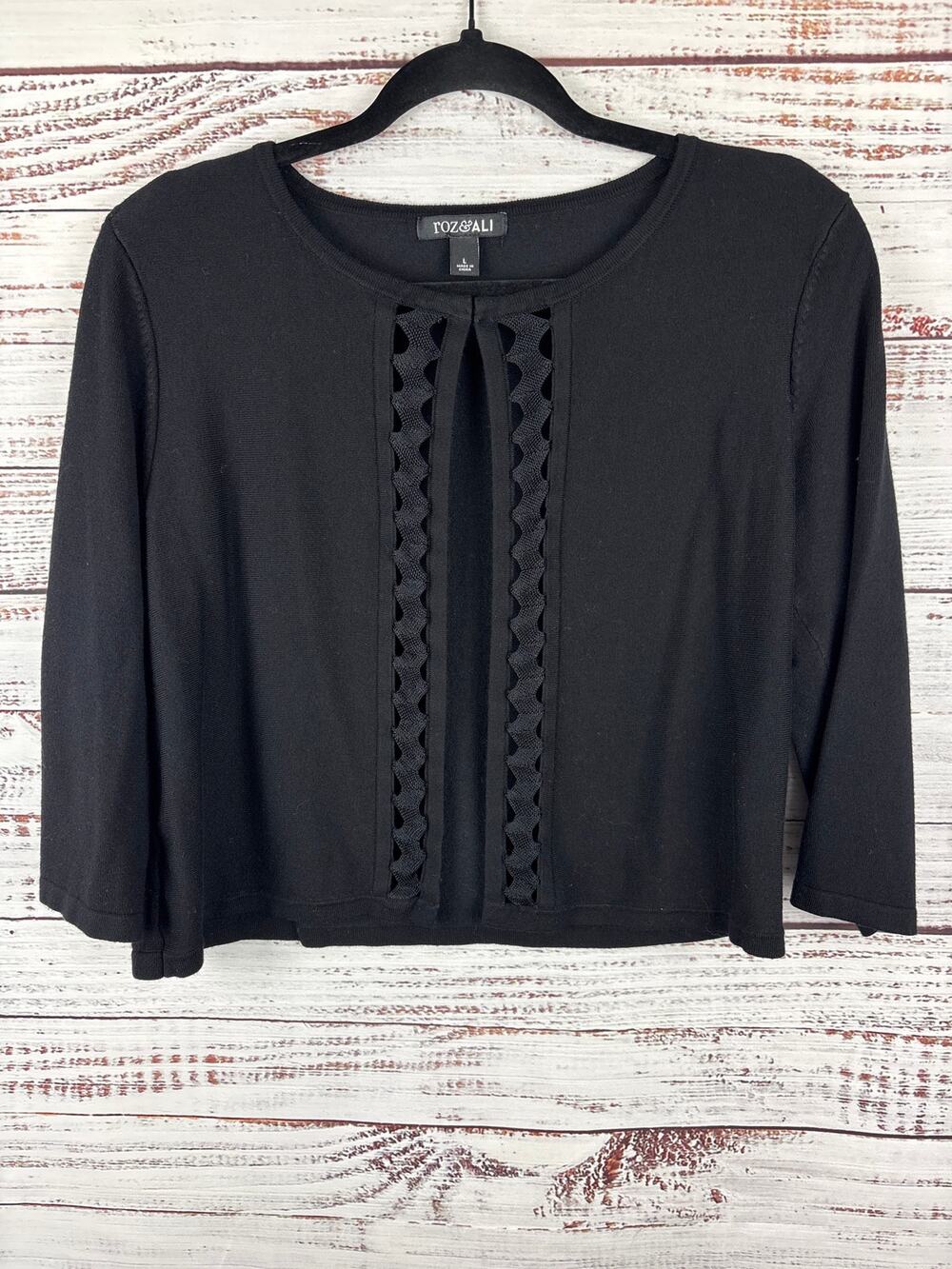 Roz & Ali Black Cardigan Jacket Open Bolero 3/4 Sleeve Career Classic Womens L